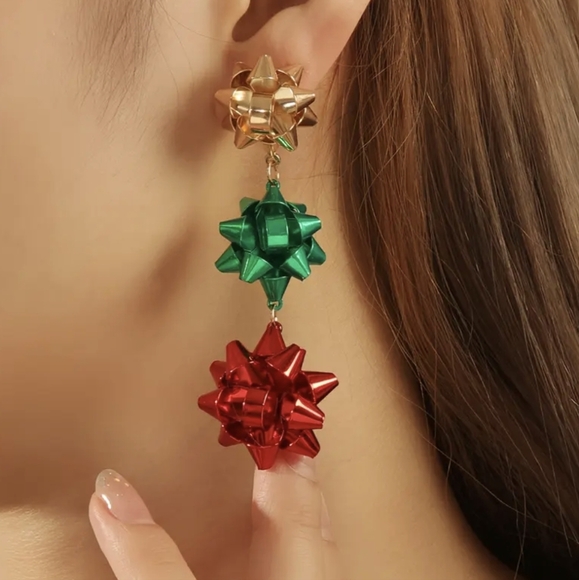 Christmas Bow Dangle Drop Earrings - Picture 1 of 6